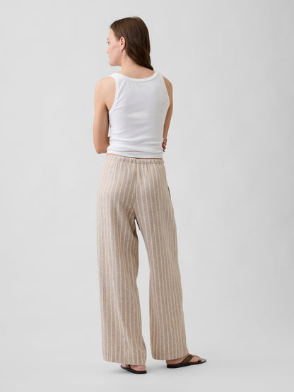 Bej Relaxed Keten Karışımlı Wide-leg Pantolon
