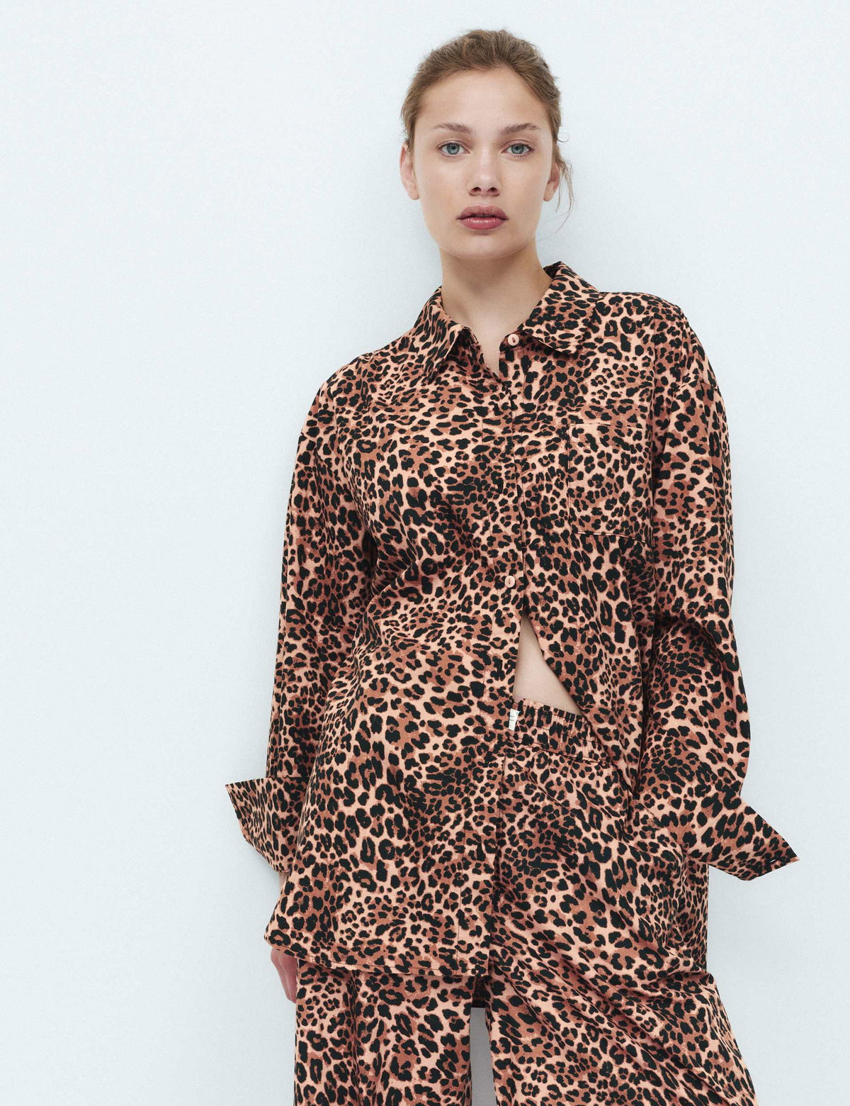 Saf Pamuklu Leoparlı Pijama Üstü