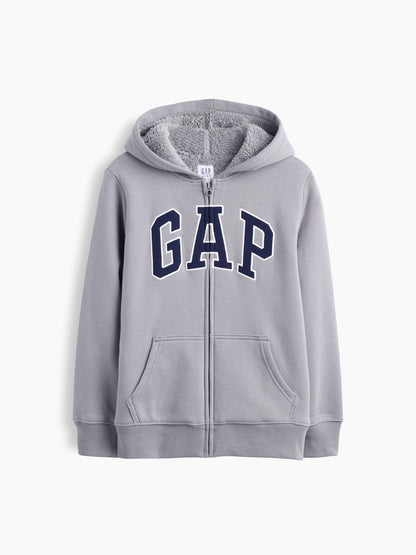 Açık Gri Sherpa Astarlı Logo Fermuarlı Sweatshirt