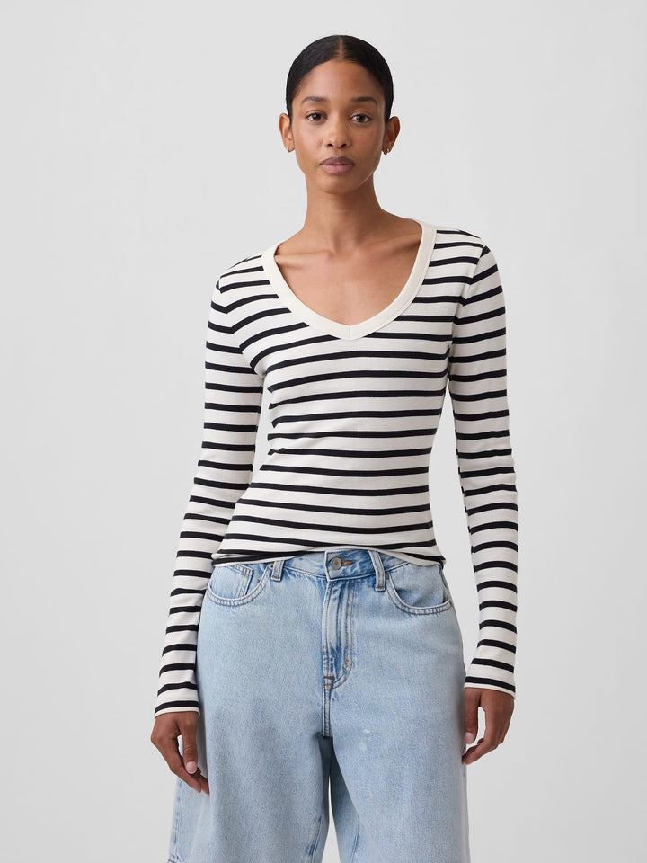 Haki Modern Fitilli V-yaka T-shirt