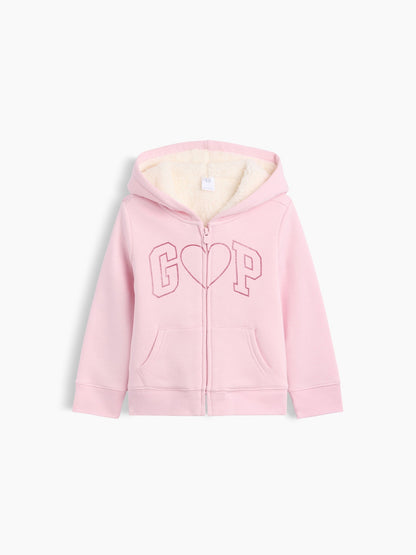 Açık Pembe Sherpa Astarlı Logo Fermuarlı Sweatshirt