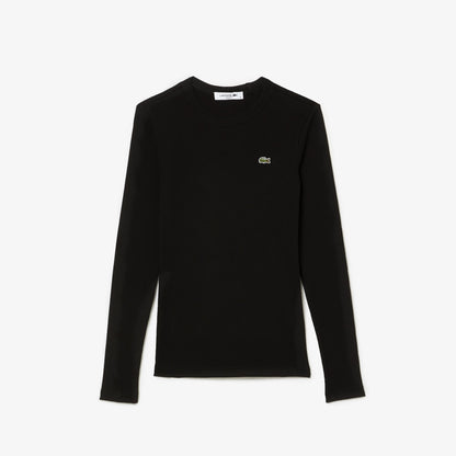 Lacoste Kadın Slim Fit Uzun Kollu Bisiklet Yaka Siyah Tişört