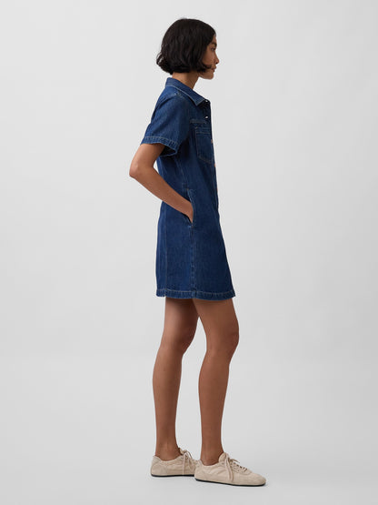 Koyu Mavi Ultrasoft Denim Mini Elbise