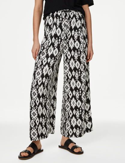 Yüksek Bel Desenli Crop Wide Leg Pantolon