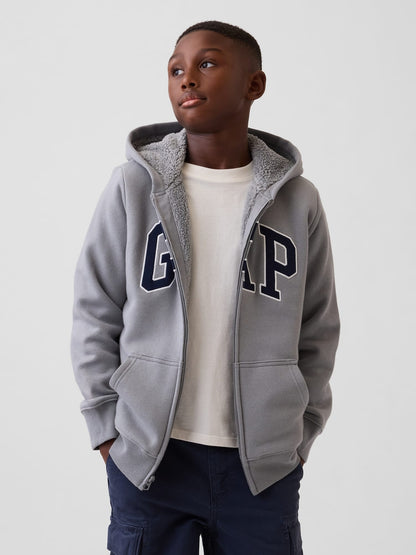 Açık Gri Sherpa Astarlı Logo Fermuarlı Sweatshirt