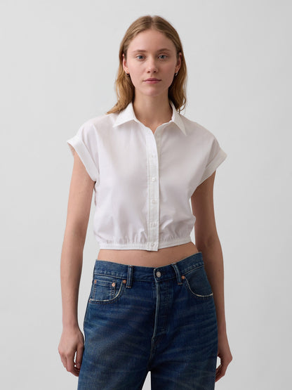 Beyaz Poplin Cap-sleeve Crop Bluz