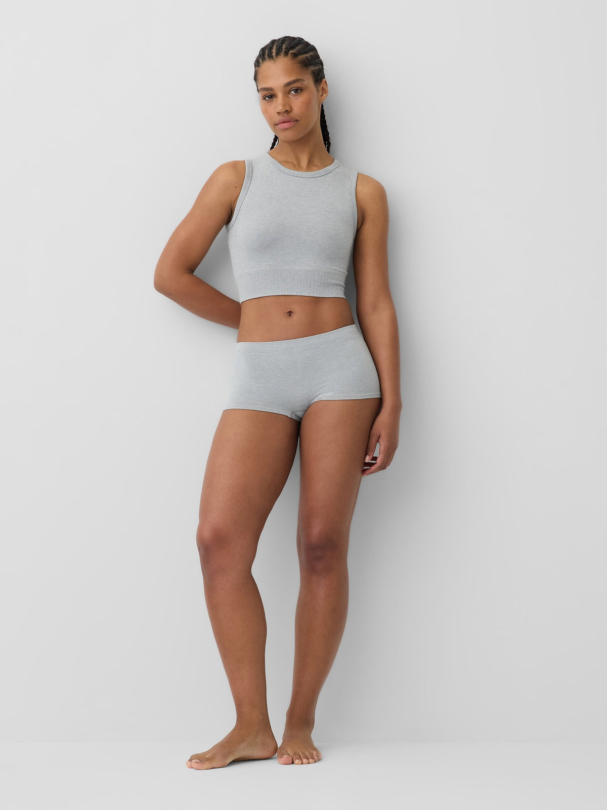 Gri Fitilli Seamless Crop Kolsuz Üst