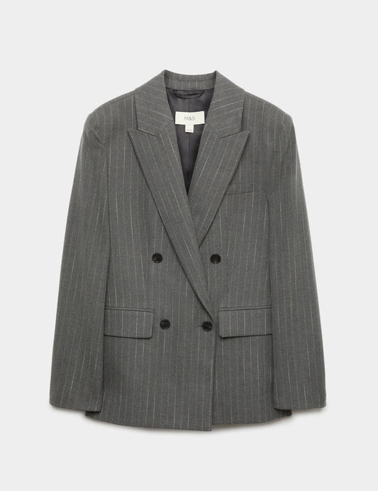 Yün Karışımlı Çizgili Çift Düğmeli Blazer