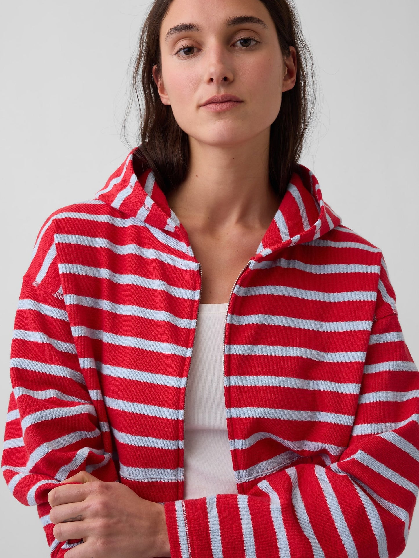 Kırmızı Havlu Terry Oversized Çizgili Fermuarlı Sweatshirt