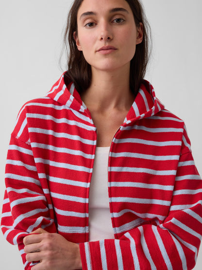 Kırmızı Havlu Terry Oversized Çizgili Fermuarlı Sweatshirt