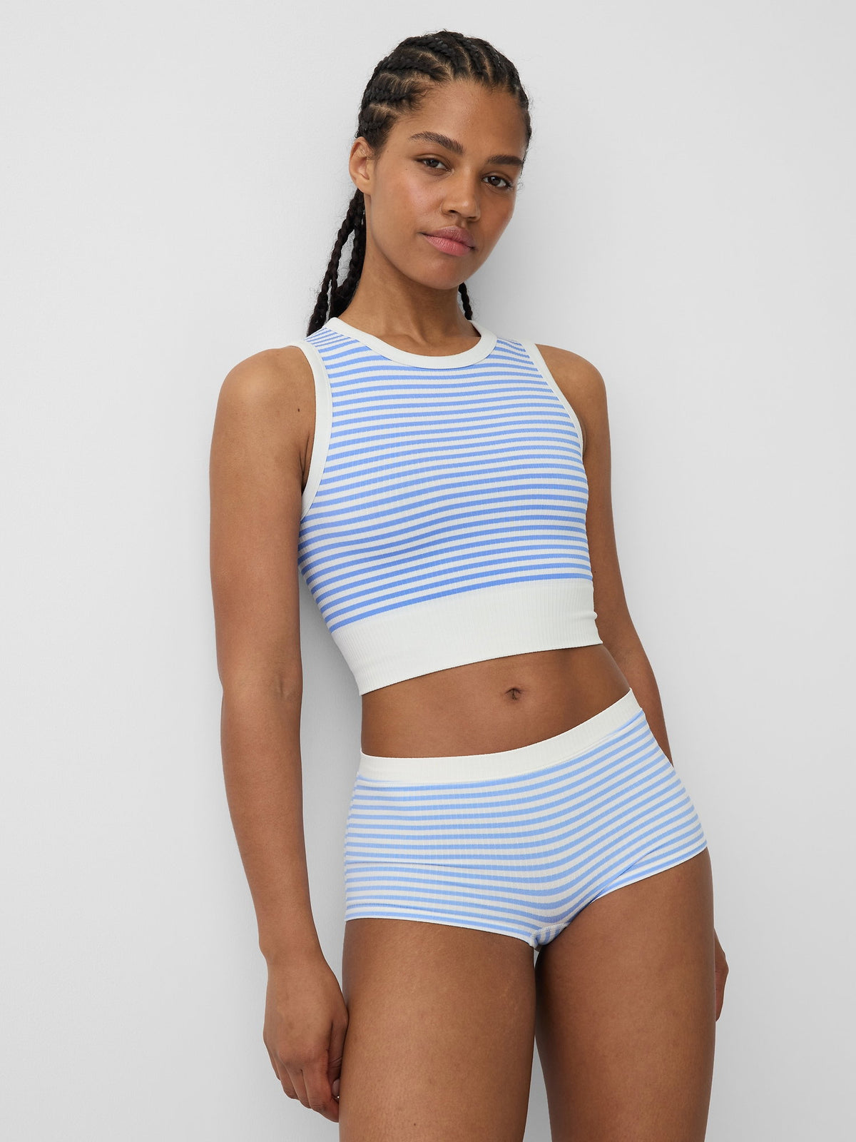 Açık Mavi Fitilli Seamless Crop Kolsuz Üst