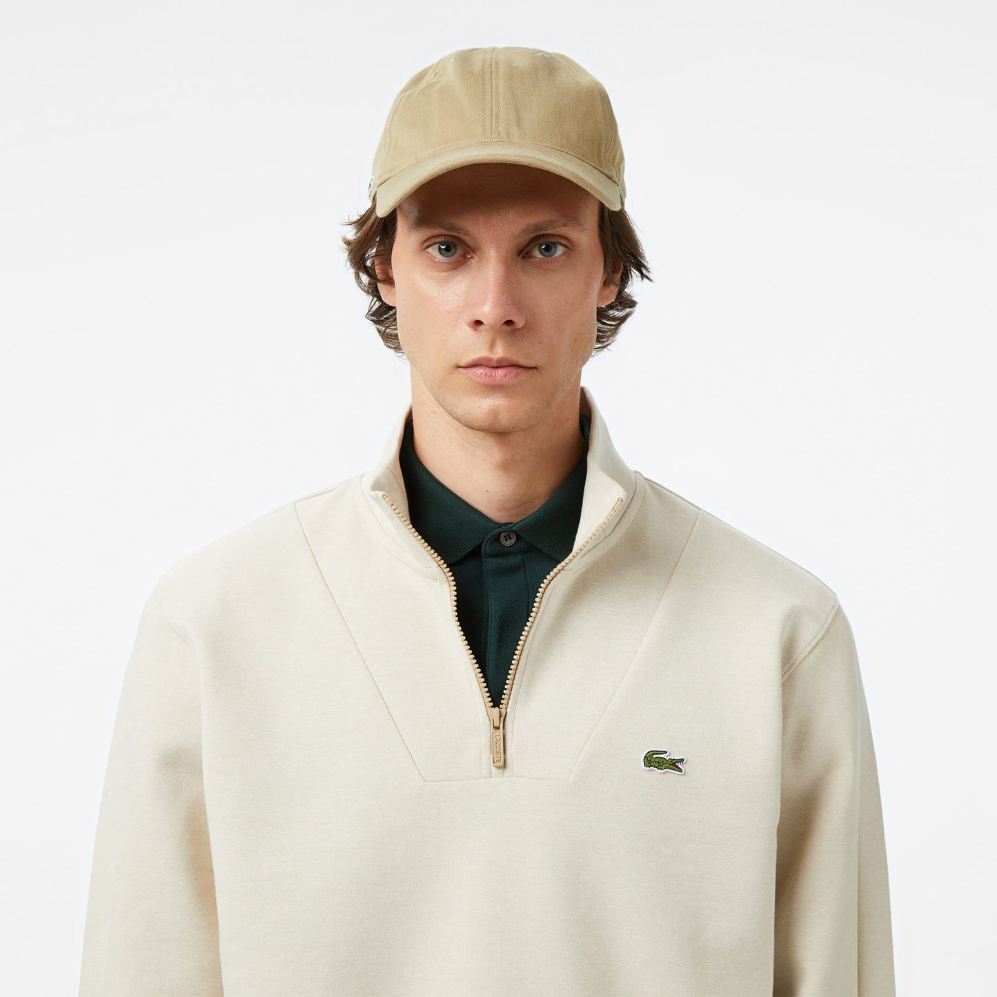 Lacoste Erkek Classic Fit Yarım Fermuarlı Monogram Krem Sweatshirt