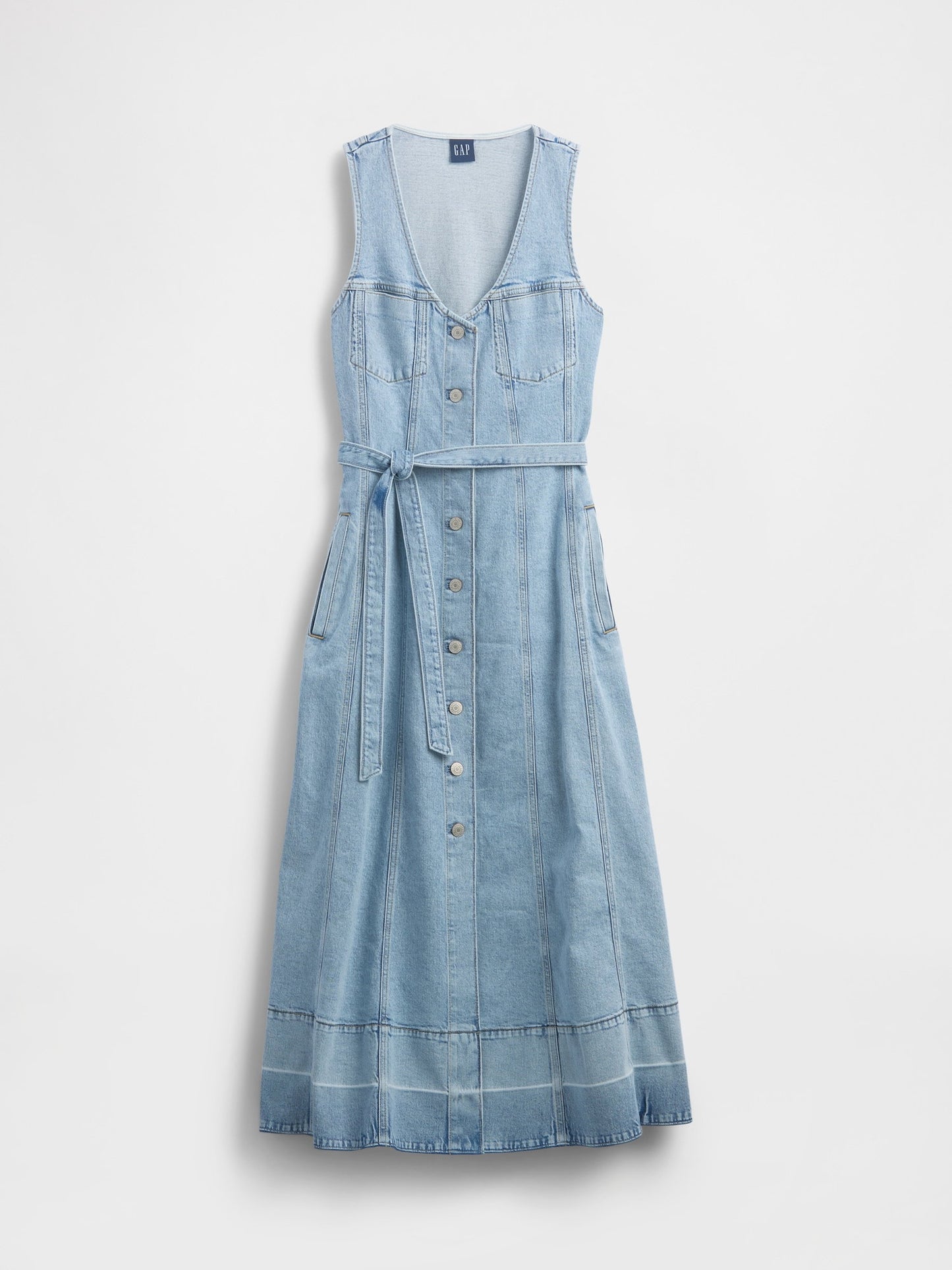 Açık Mavi Denim Kemerli Düğmeli Maxi Elbise