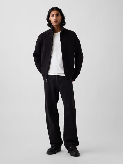 Siyah Oversized Ikili Fermuarlı Triko Hırka