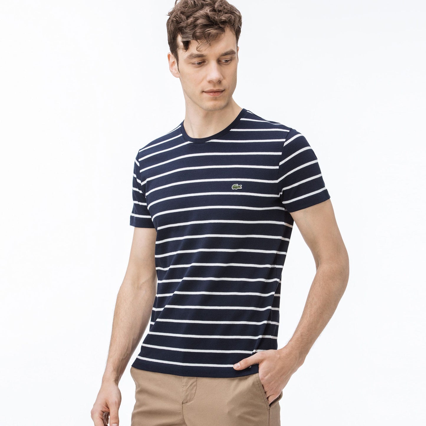 Lacoste Erkek Slim Fit Bisiklet Yaka Çizgili Lacivert T-shirt
