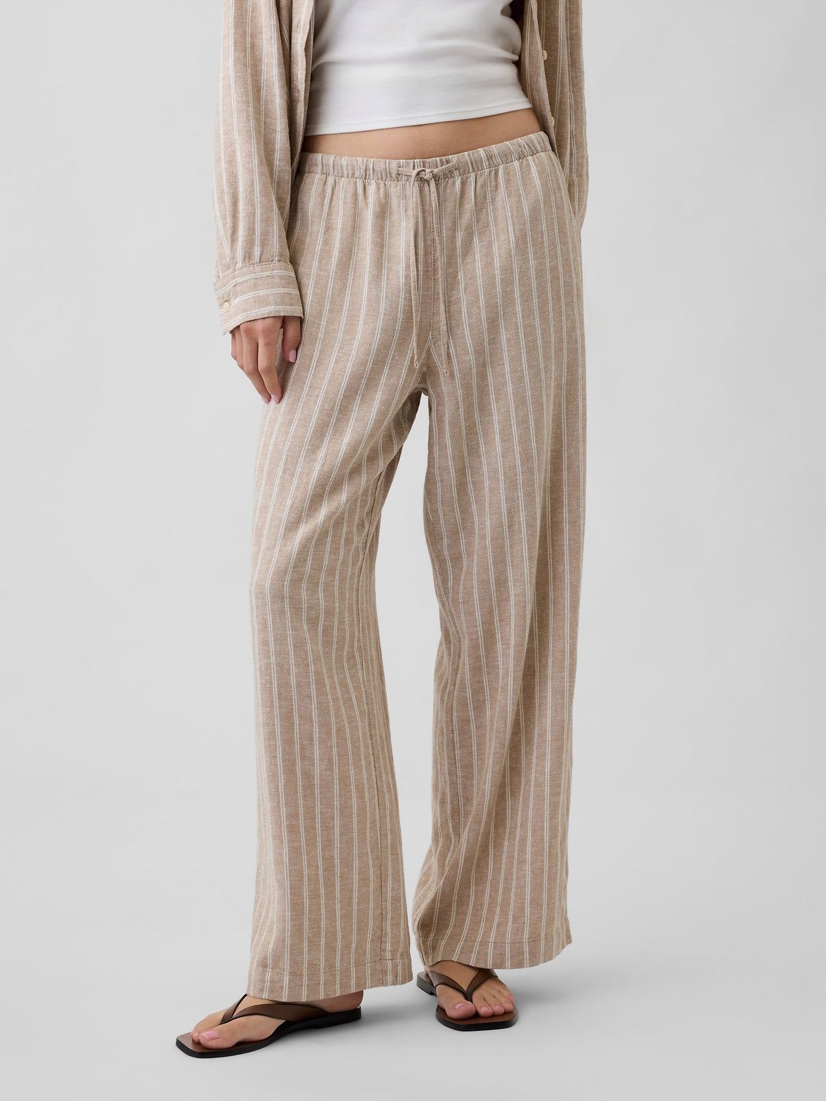 Bej Relaxed Keten Karışımlı Wide-leg Pantolon