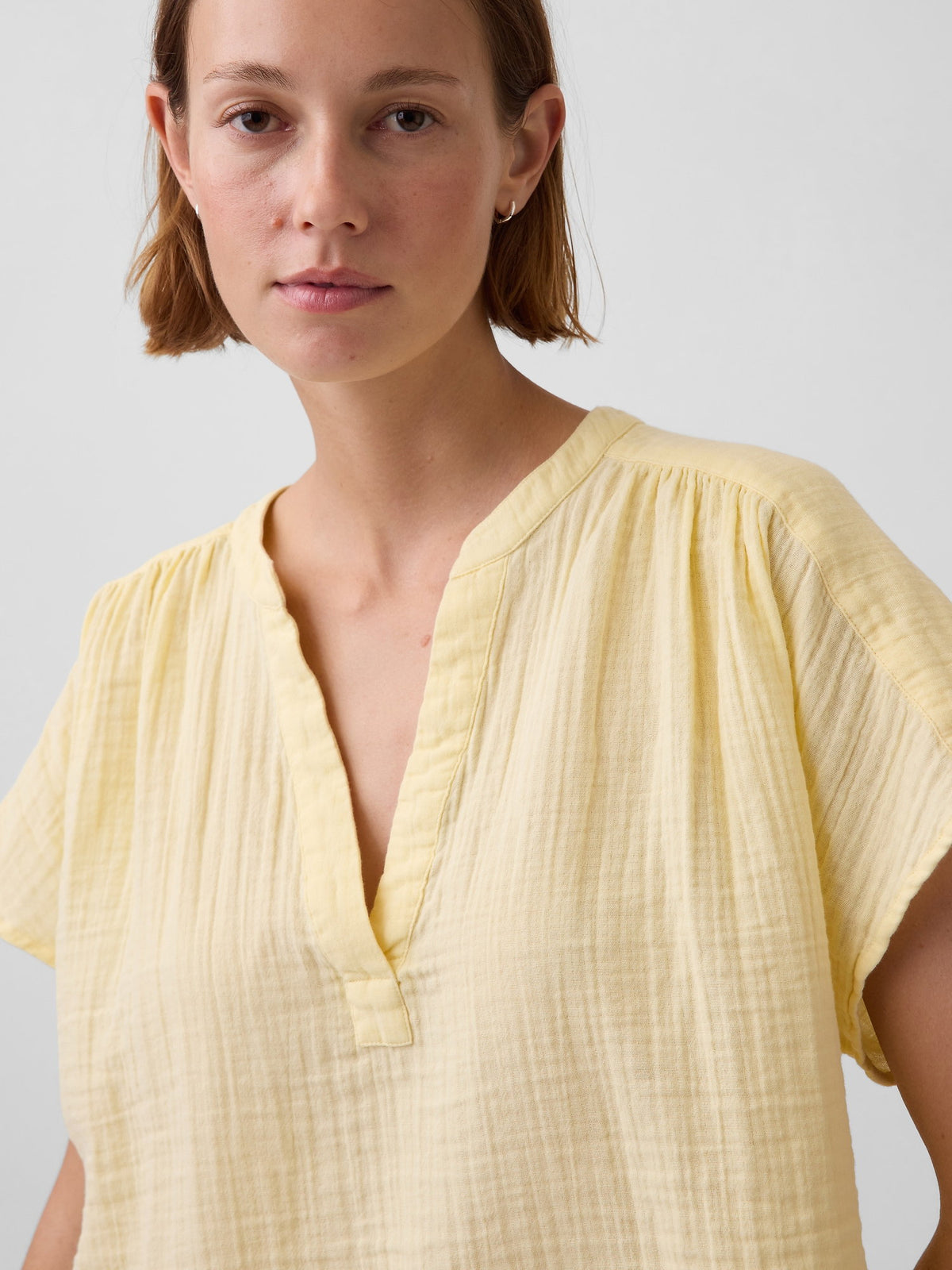 Sarı Pamuk Gauze Oversized Split-neck Üst