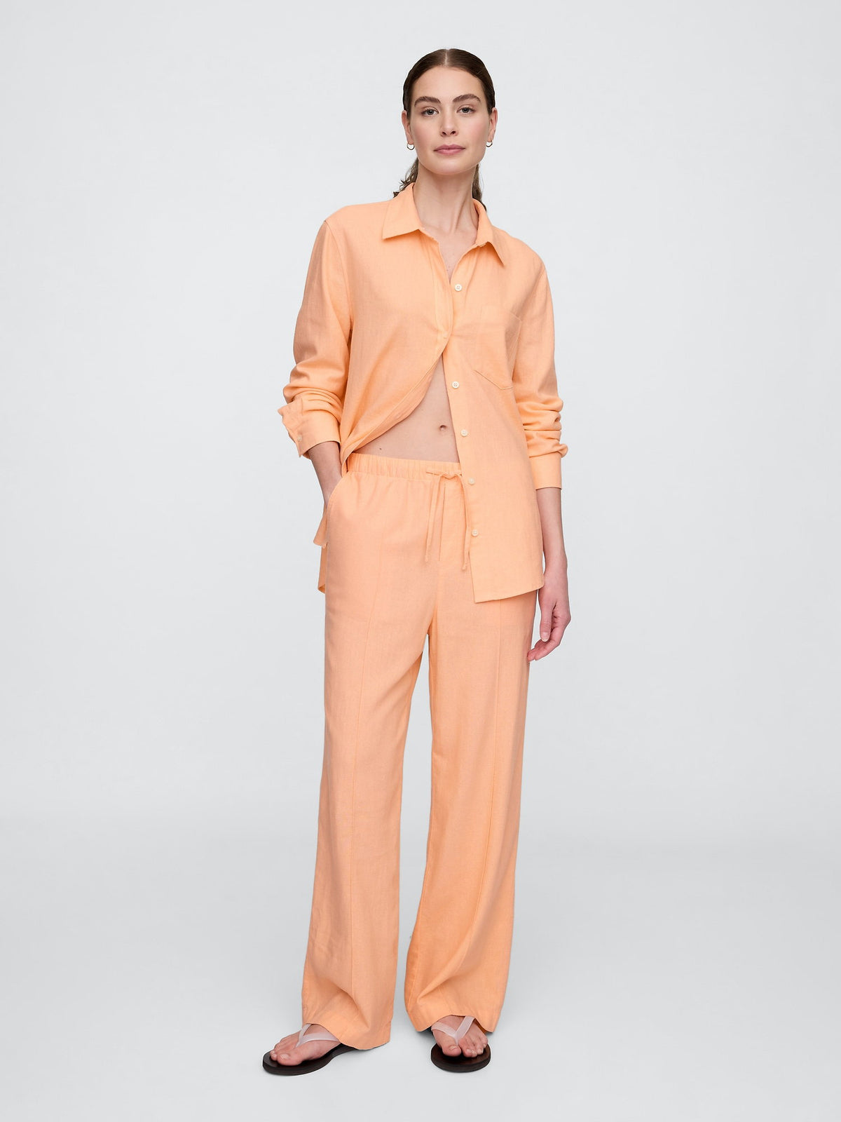 Turuncu Mid Rise Keten Karışımlı Pull-on Wide-leg Pantolon