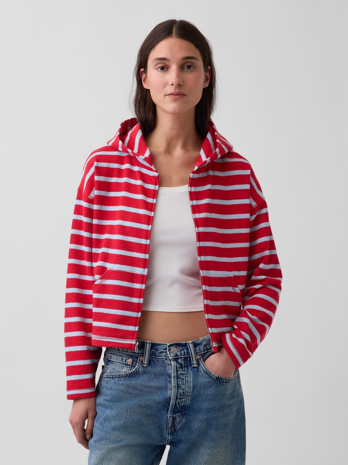 Kırmızı Havlu Terry Oversized Çizgili Fermuarlı Sweatshirt