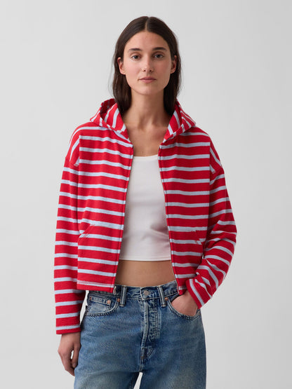 Kırmızı Havlu Terry Oversized Çizgili Fermuarlı Sweatshirt