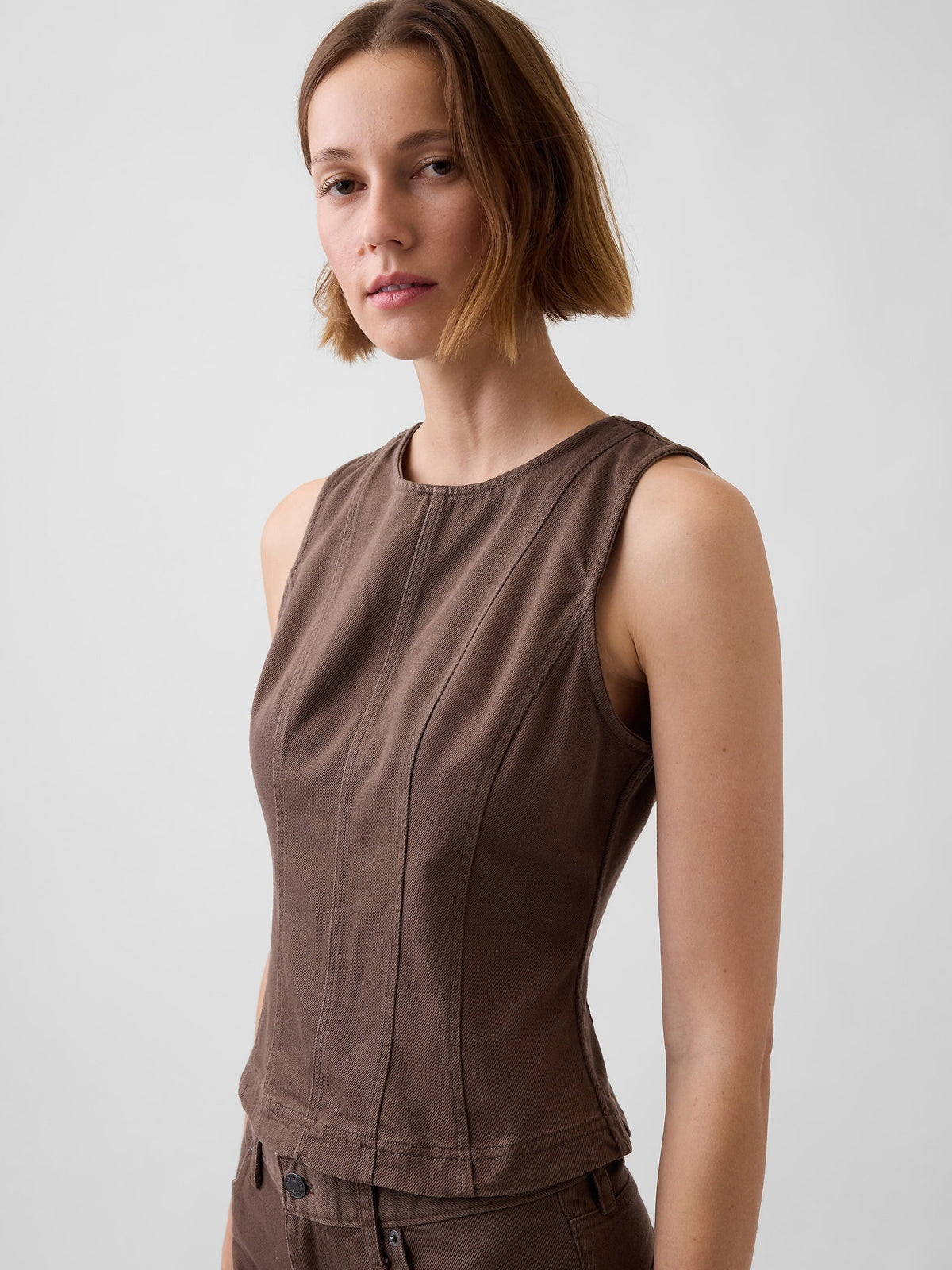 Kahverengi Seamed Twill Crop Shell Bluz
