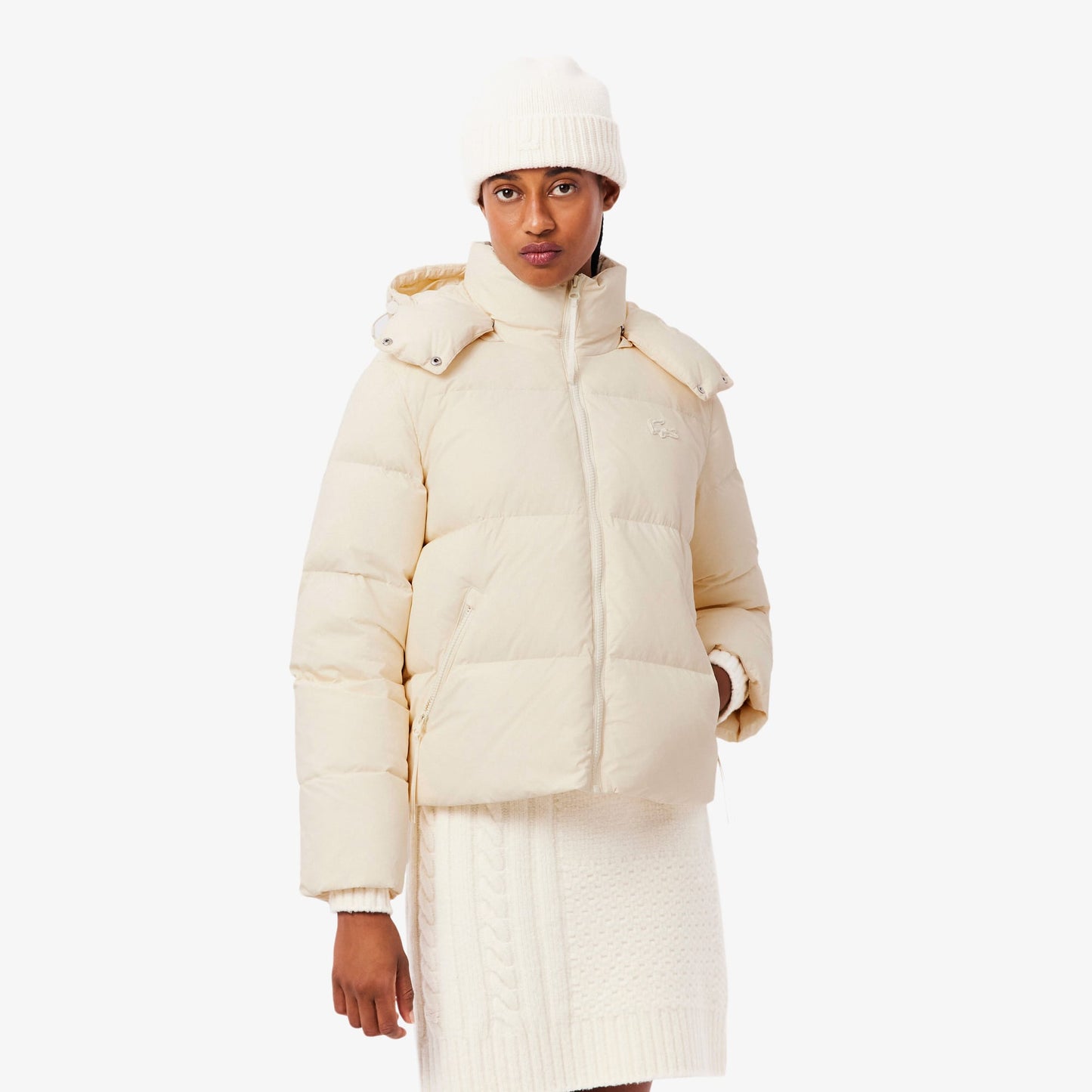 Lacoste Kadın Relaxed Fit Kapüşonlu Krem Şişme Mont