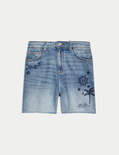 Çiçek Nakışlı Denim Şort (6–16 Yaş)