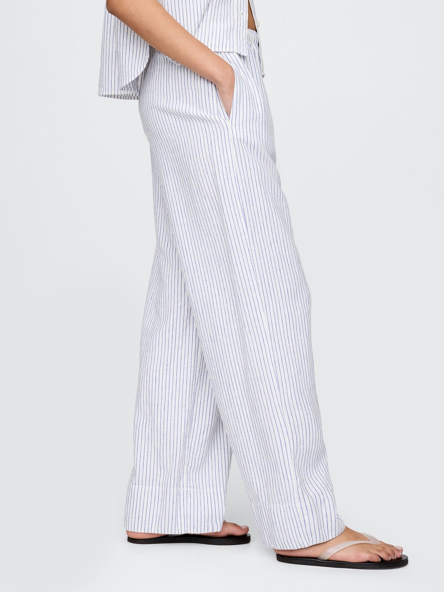 Açık Mavi Keten Karışımı Easy Wide Leg Pantolon