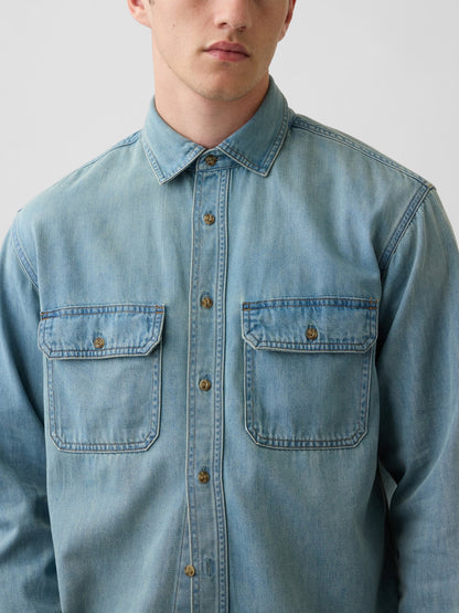 Açık Mavi Ultrasoft Denim Relaxed Utility Gömlek
