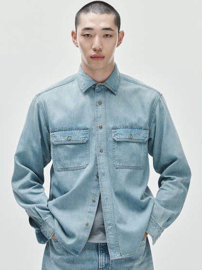 Açık Mavi Ultrasoft Denim Relaxed Utility Gömlek