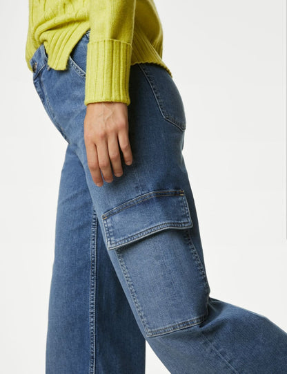 Yüksek Bel Wide Leg Kargo Jean Pantolon