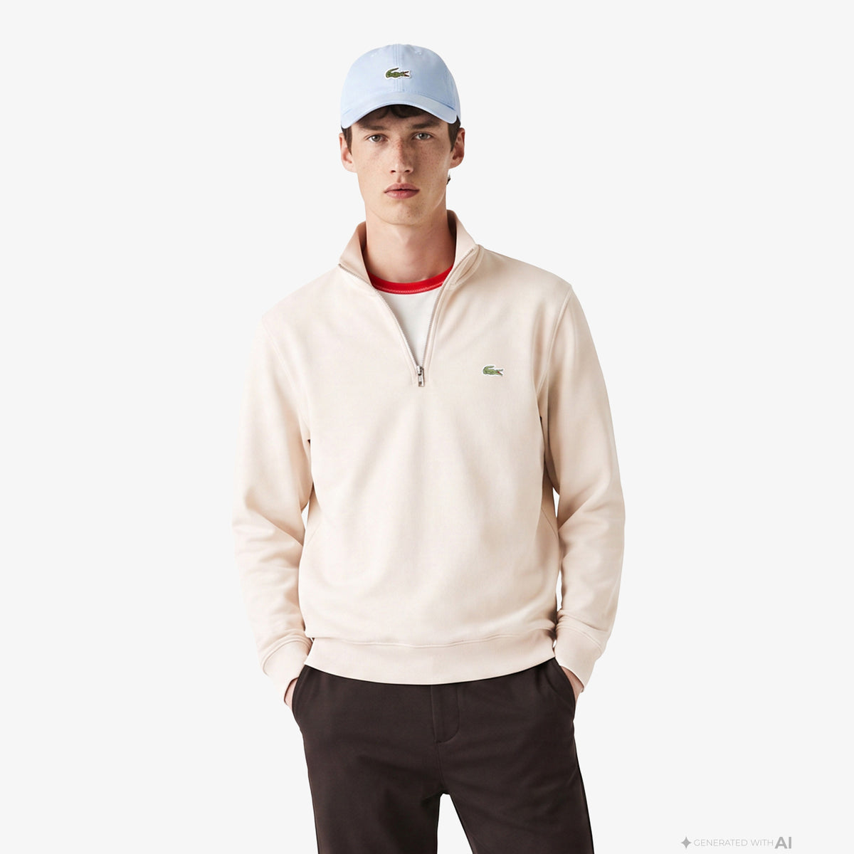Lacoste Erkek Classic Fit Yarım Fermuarlı Krem Sweatshirt