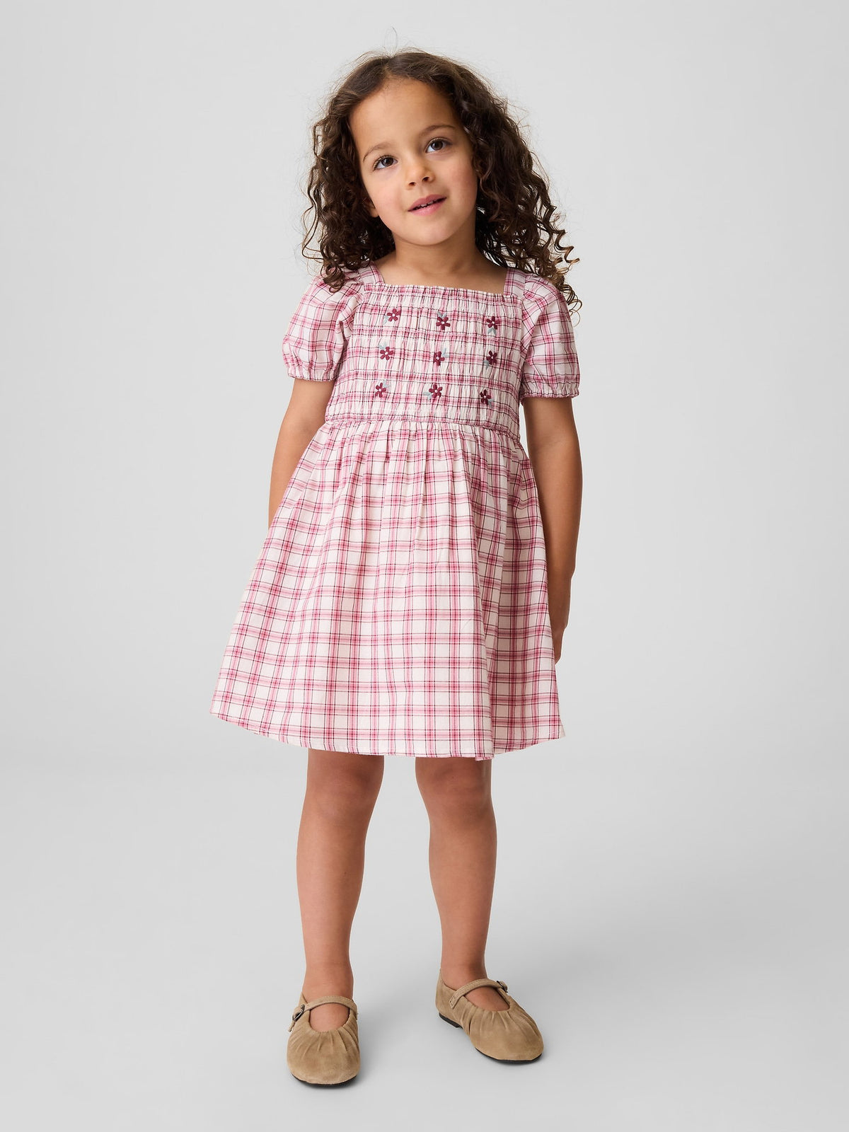 Pembe Smocked Yaka Kareli Elbise