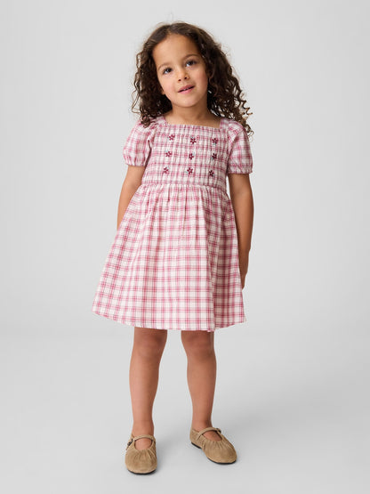 Pembe Smocked Yaka Kareli Elbise