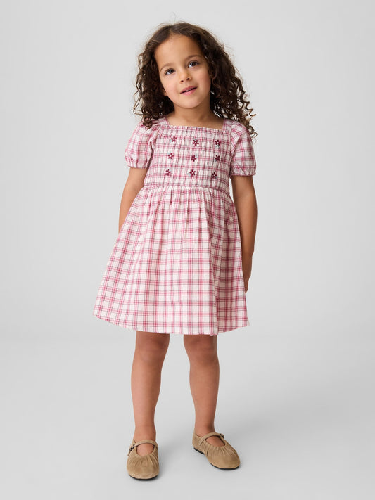 Pembe Smocked Yaka Kareli Elbise