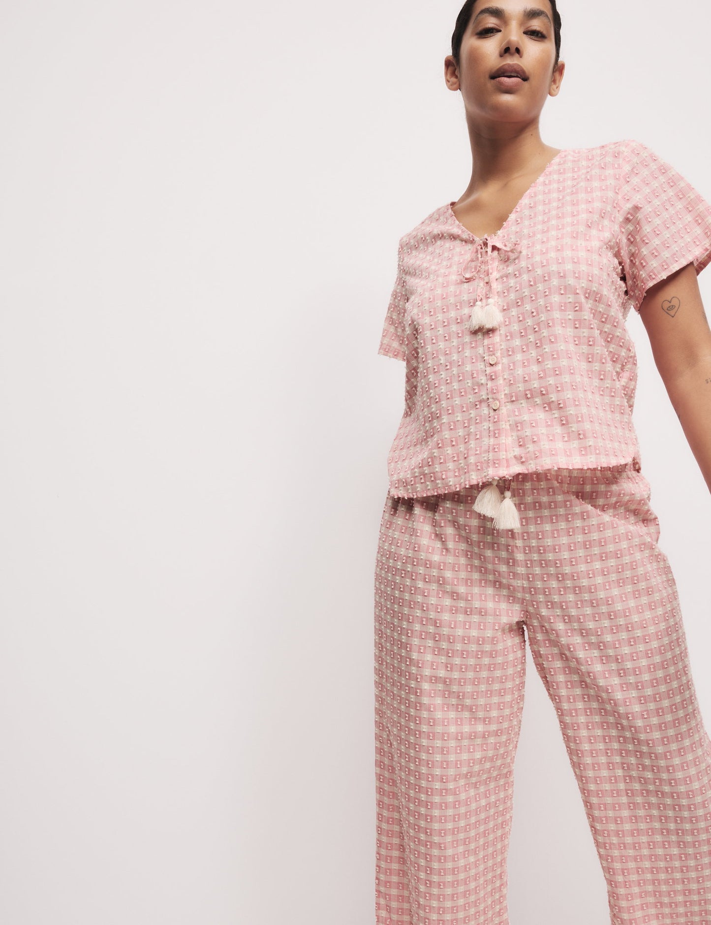 Saf Pamuklu Kareli Bağcıklı Pijama Üstü