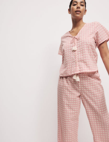 Saf Pamuklu Kareli Bağcıklı Pijama Üstü
