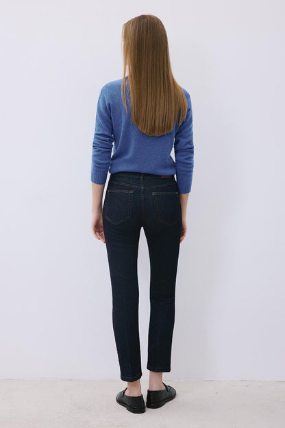 Çizgili Denim Yüksek Bel Lacivert Pantolon