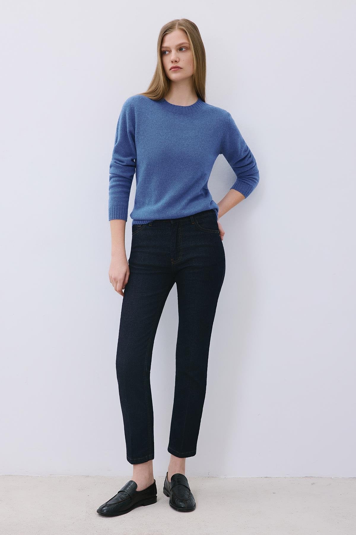 Çizgili Denim Yüksek Bel Lacivert Pantolon
