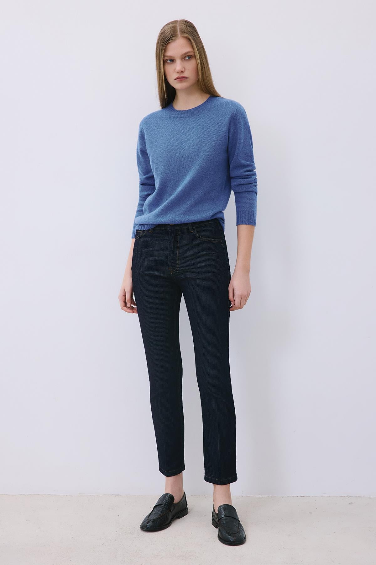 Çizgili Denim Yüksek Bel Lacivert Pantolon