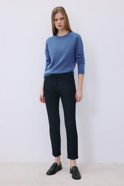 Çizgili Denim Yüksek Bel Lacivert Pantolon