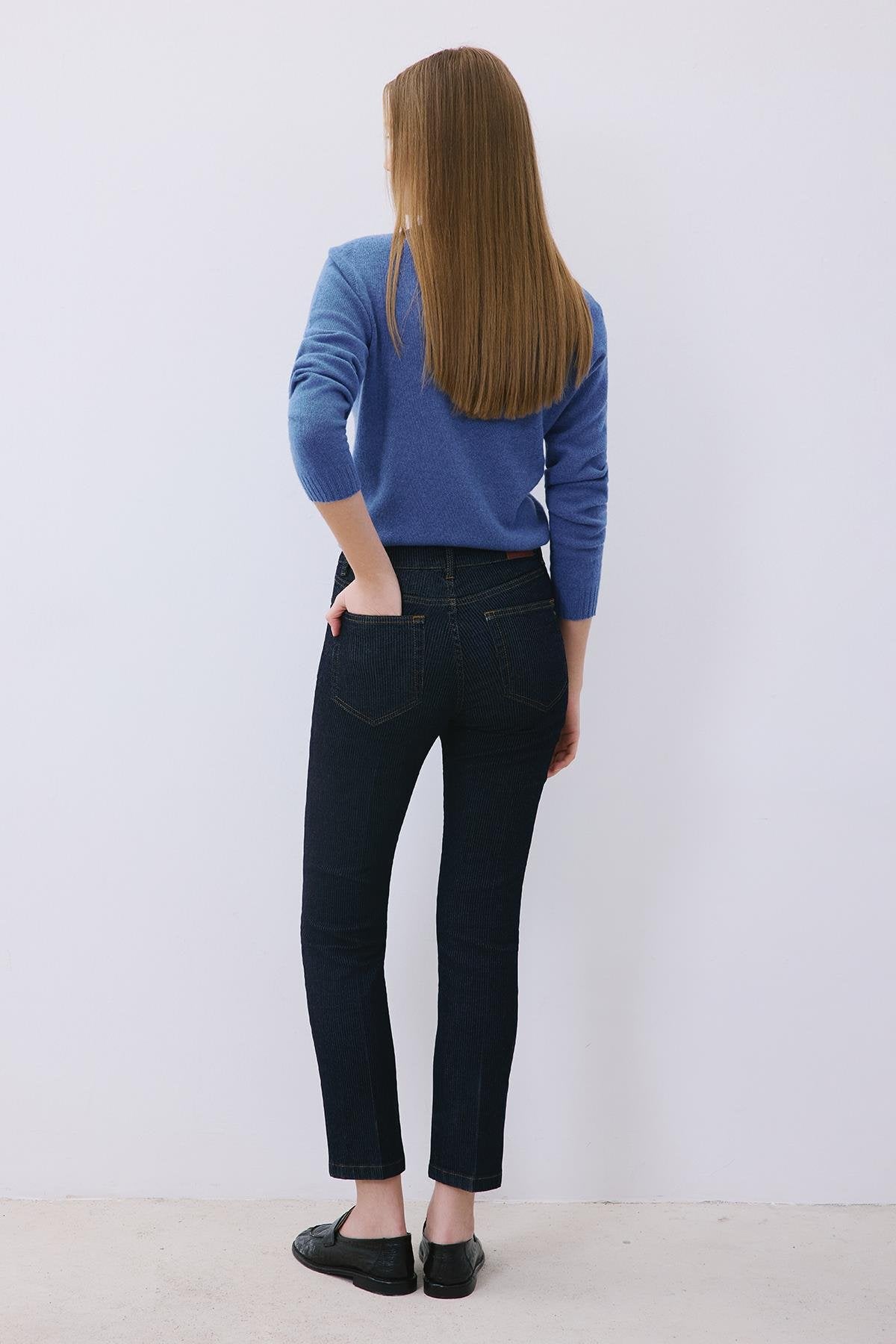 Çizgili Denim Yüksek Bel Lacivert Pantolon
