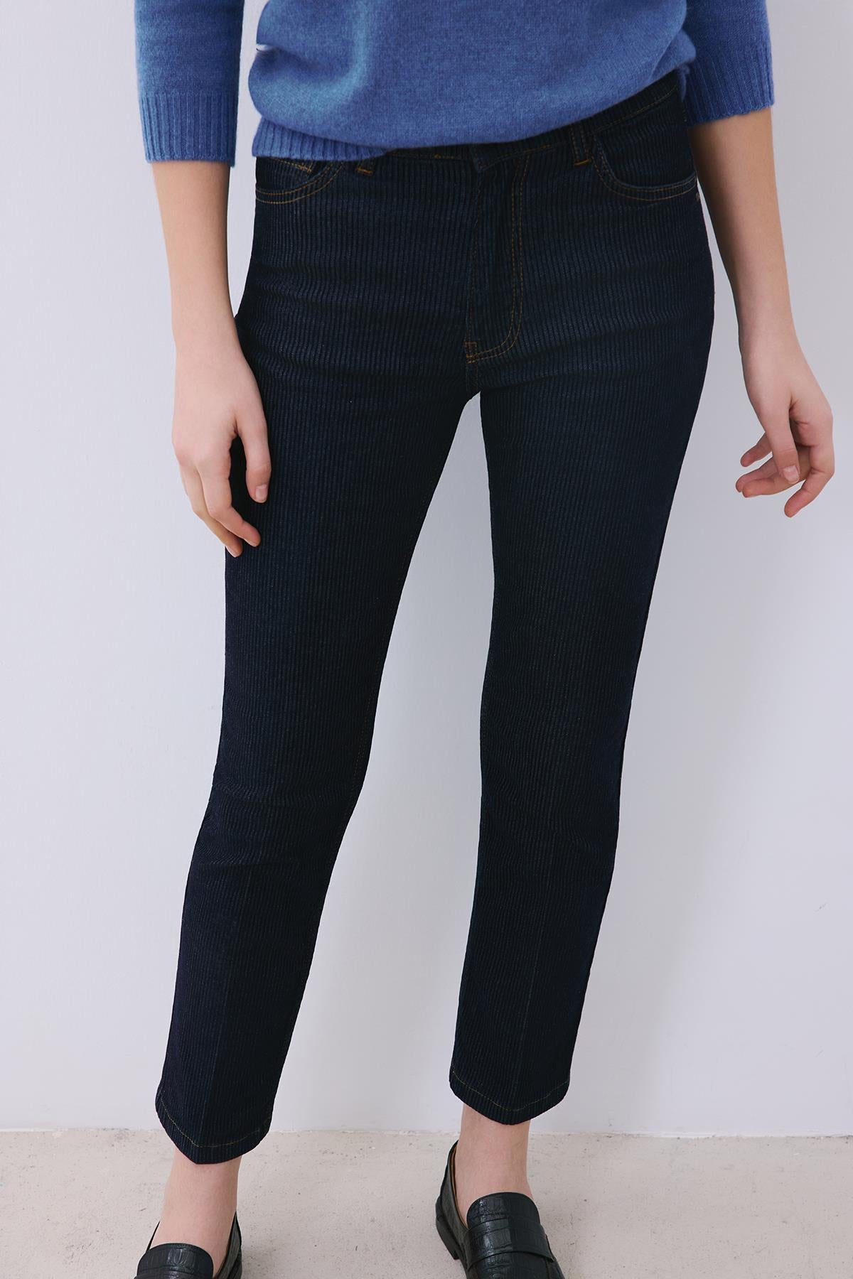 Çizgili Denim Yüksek Bel Lacivert Pantolon