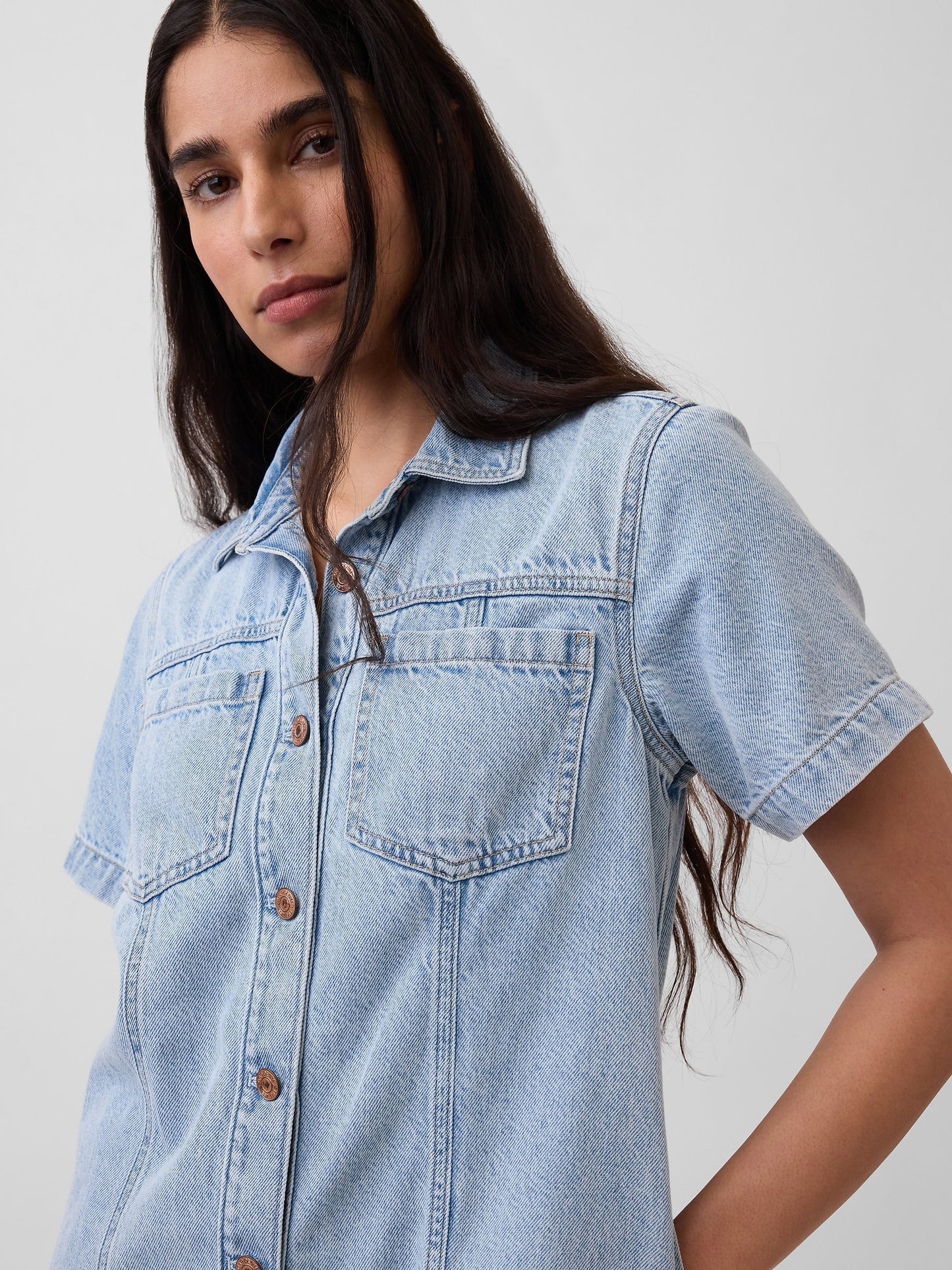 Açık Mavi Ultrasoft Denim Mini Gömlek Elbise