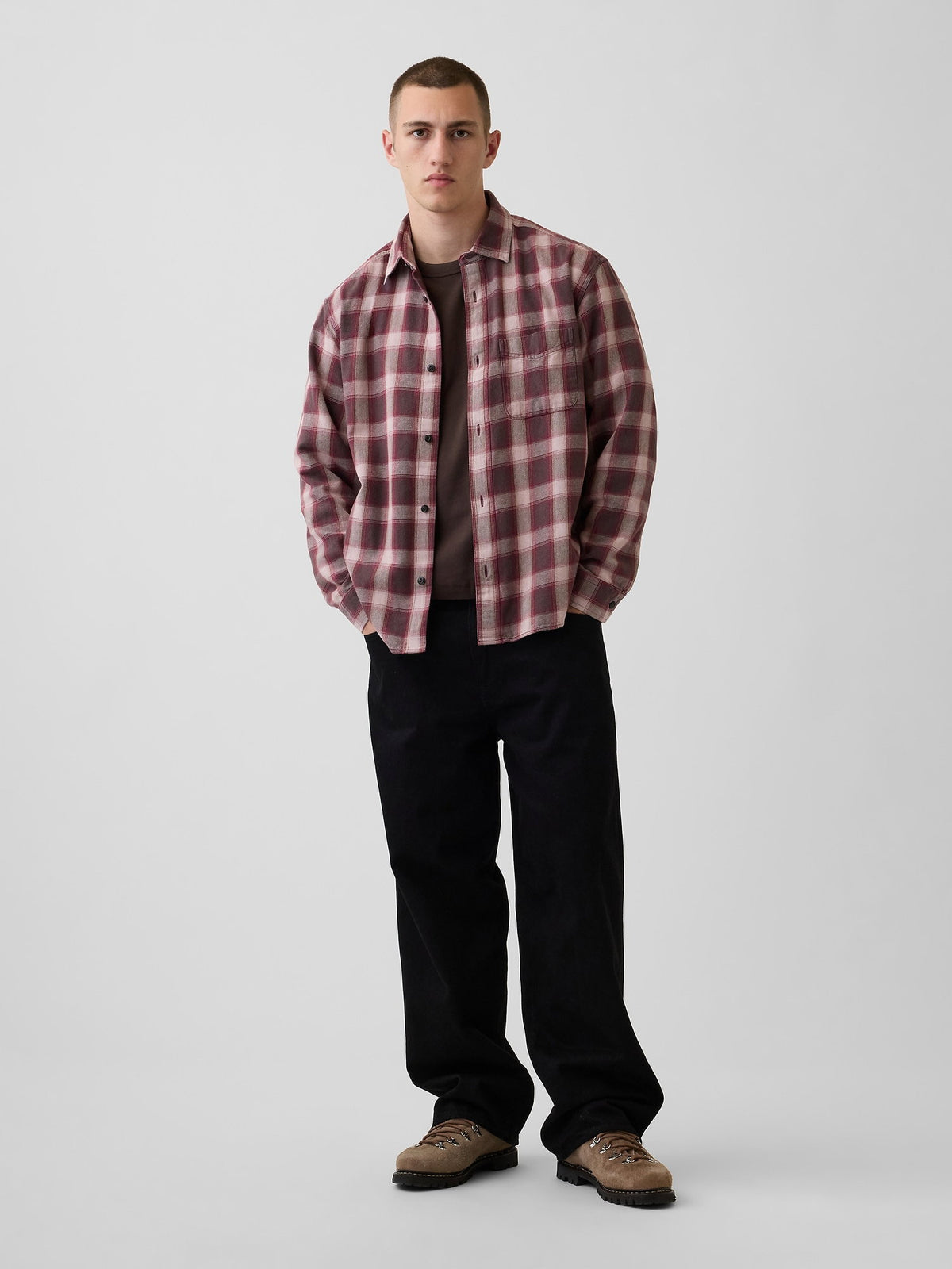 Bordo Twill Relaxed Kareli Gömlek