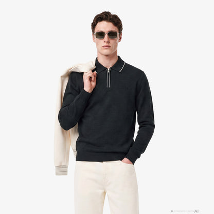 Lacoste Erkek Regular Fit Yarım Fermuarlı Yün Koyu Yeşil Kazak