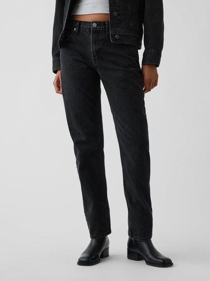 Siyah Mid Rise Straight Taper Jean Pantolon