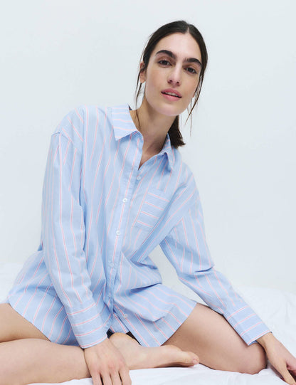 %100 Pamuk Poplin Çizgili Pijama Üstü