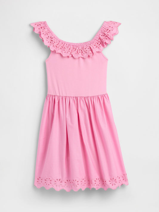 Pembe Kids Eyelet Volan Elbise