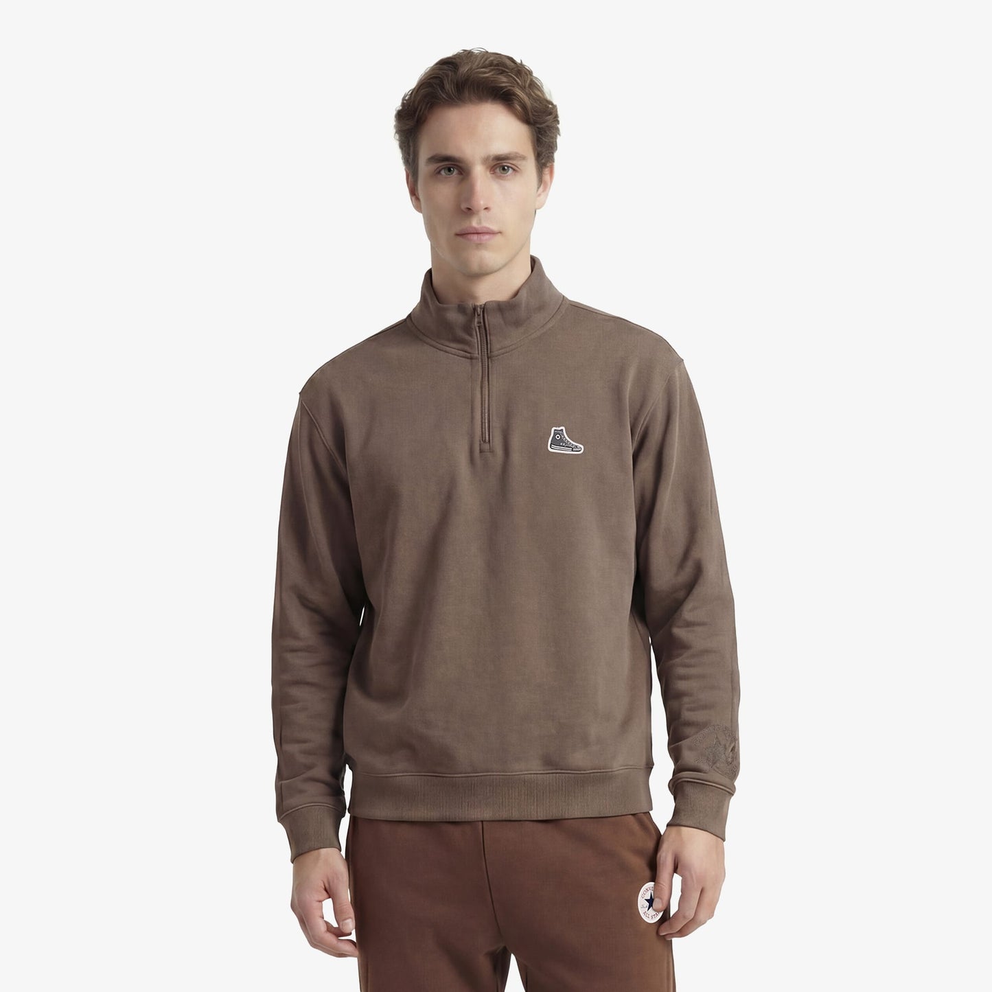 Converse Sneaker Logo Loose Fit Yarım Fermuarlı Erkek Kahverengi Sweatshirt